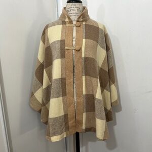 NEW Preston & York Plaid Wool Nylon Poncho Cape Tan Shades Lined - so elegant!